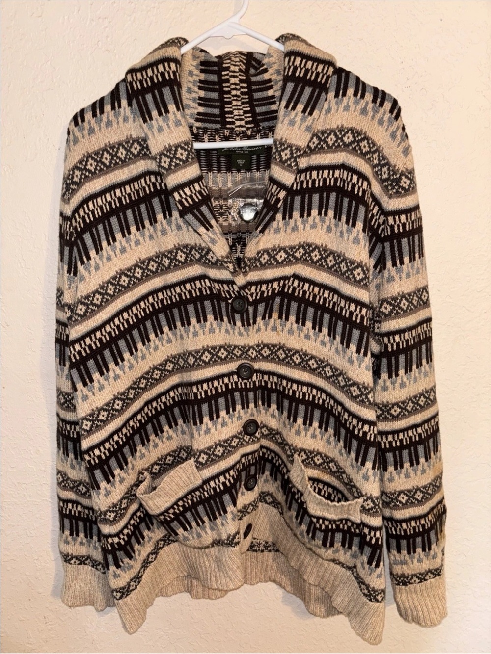 Eddie Bauer Cream & Black Striped Shawl-Collar Teddy Cardigan